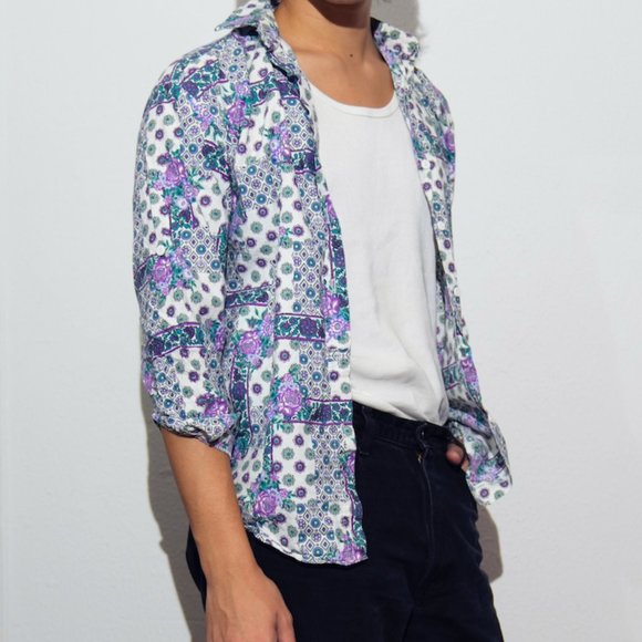 Vintage Casey and Max Purple and White Pattern Button Down M Medium - Picture 1 of 4